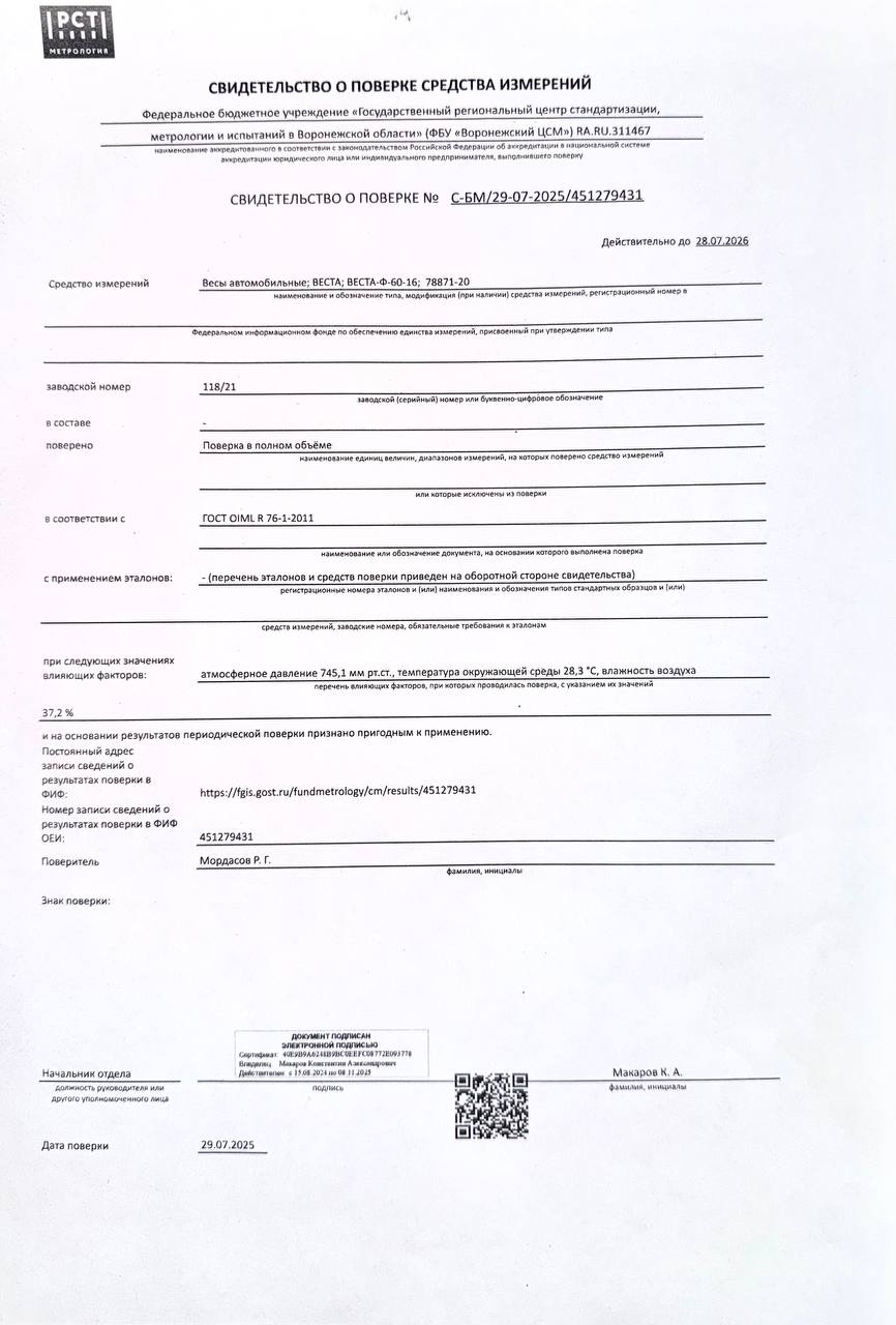 Свидетельство о поверке оборудования